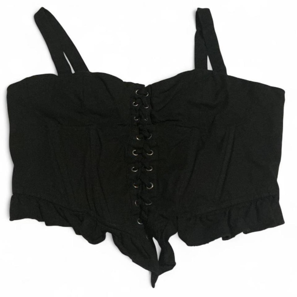 Forever 21 Corset Top Womens Medium Black Lace Up Ruffle Hem Bustier Crop Top